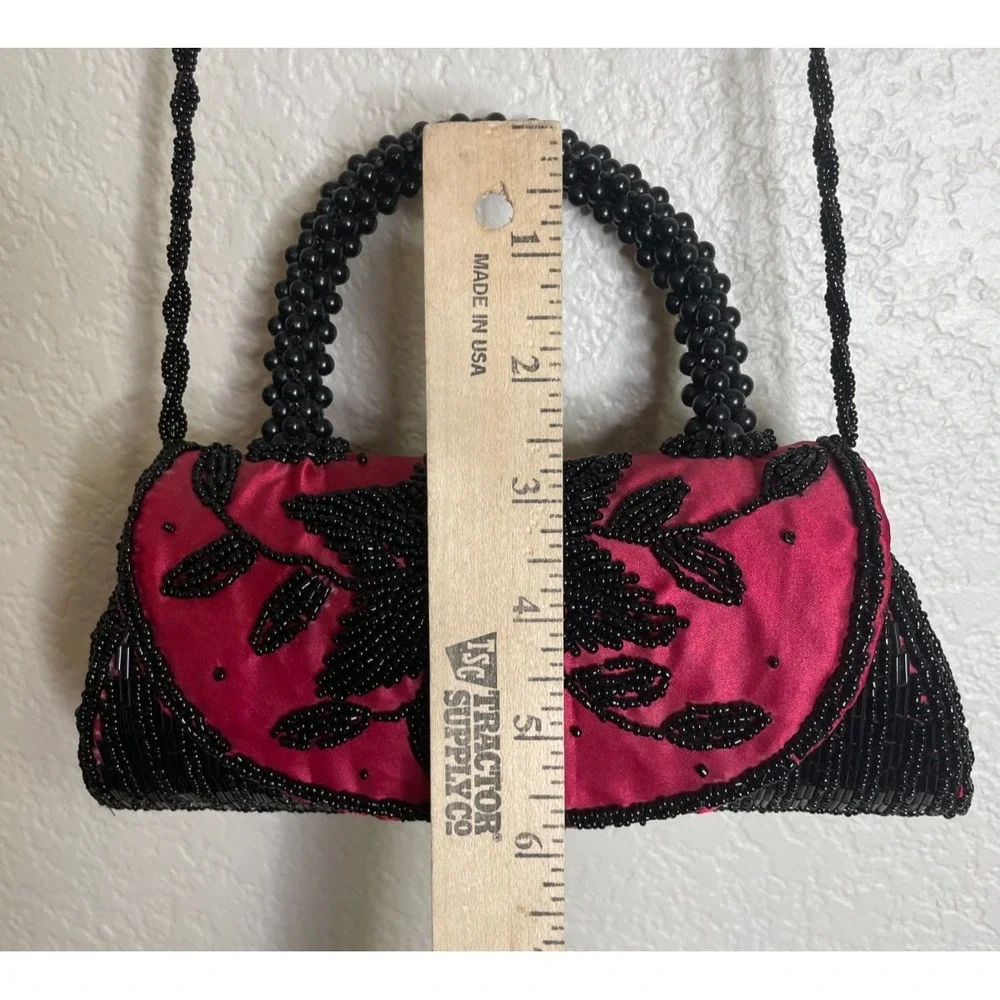Vintage Glass Beaded Red Black Floral Crossbody Purse‎ Bag Clutch Party Cruise